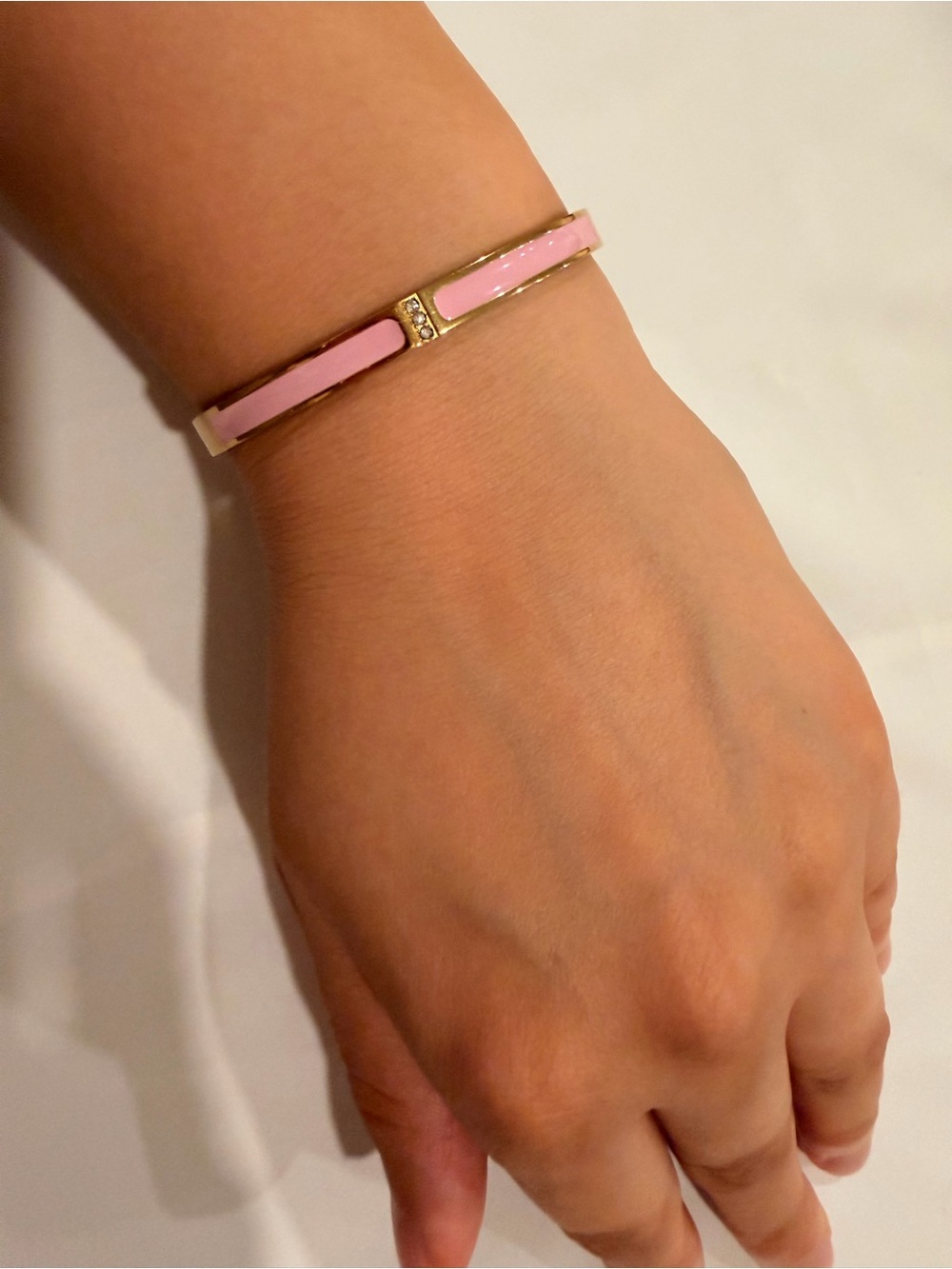 Gold Pink Enamel Hinged Bangle Bracelet - Picture 7 of 9